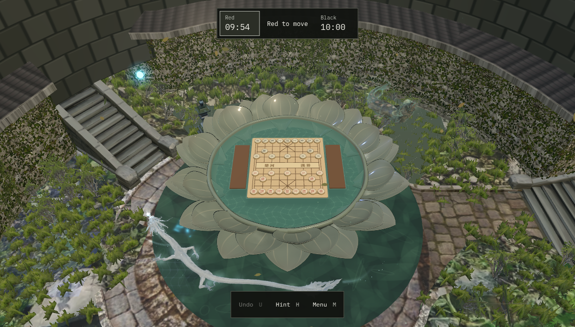 The 3D board in play: a wooden Xiangqi board on a stone lotus platform floating in a jade pond, with a white dragon swimming below and both clocks running.